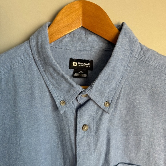 Haggar Men's LINEN Blend Chambray Short Sleeve Button Up Shirt Blue Size X-Large - Picture 5 of 13